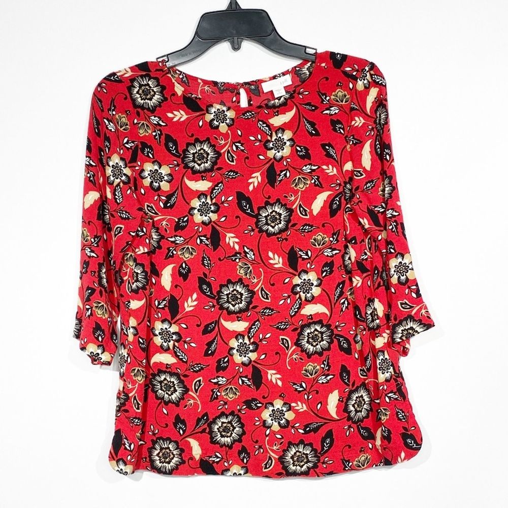 J. Jill Red Floral Printed Blouse 1/2 Sleeve Sz S